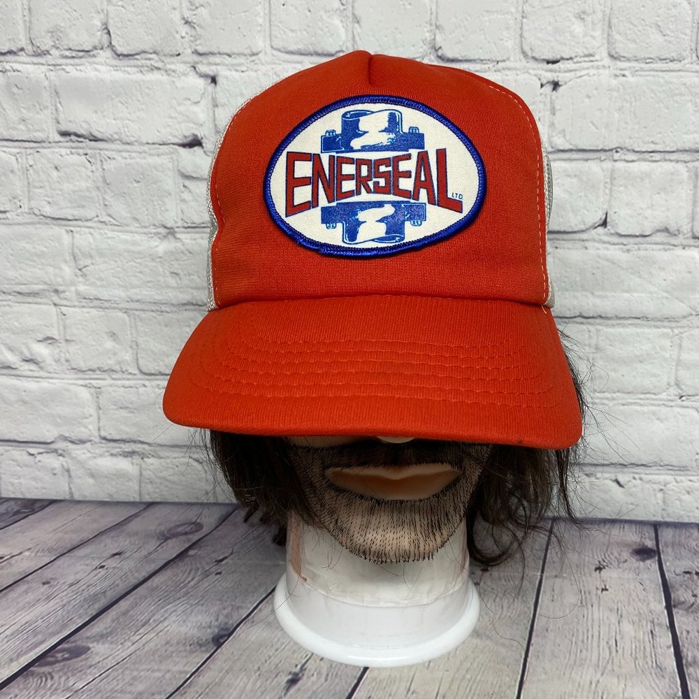 Vintage Hat Cap Snapback Red White Trucker Mesh ENERSEAL Patch Logo Foam Visor